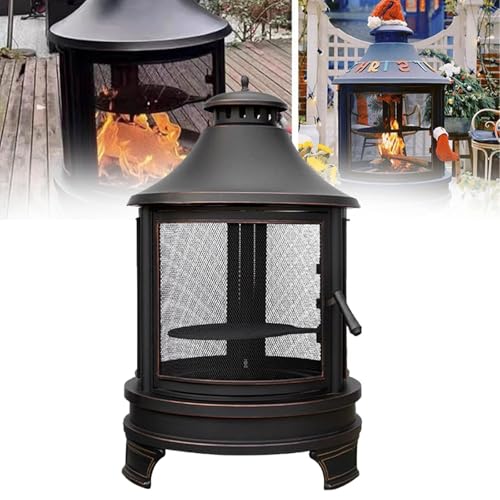 HajMyrdonyx Fire Pit with Grill, 2 in 1 Firepit with Adjustable Grill Tray & Mesh Screen Door, 3-Door Multi-Access Fireplace for Garden Backyard Courtyard BBQ