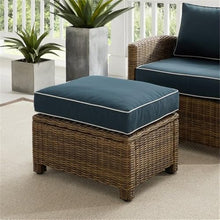 Afuera Living Outdoor Ottoman, Navy & Weathered Brown Resin Wicker, 18.5"H x 25"W x 20"D, Powder-Coated Steel Frame, UV-Resistant Polyester Cushion, Handwoven Patio Furniture for Balcony or Porch Use
