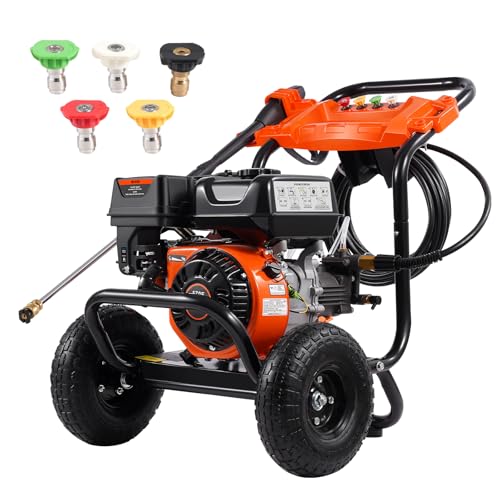 VEVOR Gas Pressure Washer, 3500 PSI 2.6 GPM, Gas Powered Pressure Washer with Aluminum Pump, Spray Gun and Extension Wand, 5 Nozzle Set, for Cars, Fences, Homes, Driveways, Patios Furniture Horizontal