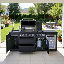Outdoor Kitchen Island with Built in Grill, 4 Burner 71500 BTU Stainless Steel Gas Barbecue Island, Patio Cooking Station with Refrigerator & Sink, Built In Grill Island for Backyard (Black)