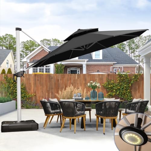 OROTLECT 13 Feet Outdoor Double Top Ronud Deluxe Lighted Cantilever Umbrella With Base,Black