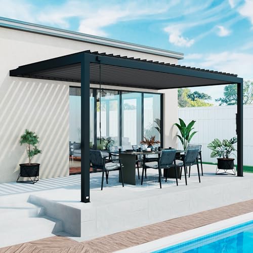 Backyard Discovery Evanston 16'x10' Galvanized Steel Wall-Mounted Louvered Pergola Kit with Adjustable Roof, Shade, Rain Protection, High-Wind Rating, PowerPort, Gutter System for Outdoor Patio, Deck