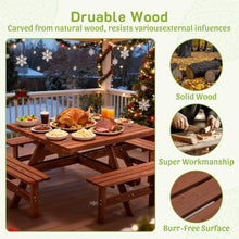 AMZXPLORE Square Picnic Table, 6-8 Person Picnic Table Outdoor Dining Table with Umbrella Hole and 4 Built-in Benches, Waterproof Wooden Dining Tables Set for Garden, Backyard, Porch and Deck