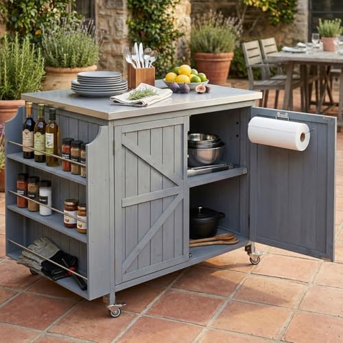 YATON Outdoor Grill Cart with Stainless Steel Top, Rolling Outdoor Kitchen Island with Storage Cabinet & 3-Tier Side Shelves, BBQ Prep Table on Wheels with Hooks for Patio Backyard,Gray