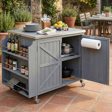 YATON Outdoor Grill Cart with Stainless Steel Top, Rolling Outdoor Kitchen Island with Storage Cabinet & 3-Tier Side Shelves, BBQ Prep Table on Wheels with Hooks for Patio Backyard,Gray
