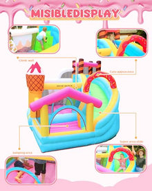 Doctor Dolphin Inflatable Bounce House Ice Cream Doughnut Party with Blower, Slide & Ball Pool Pink and Yellow