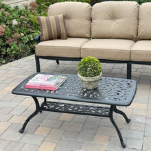 Darlee 4-Piece Cast Aluminum Outdoor Seating Set with 42x21 Inch Rectangular Table, Swivel Rockers, and Throw Pillows in Antique Bronze/Sesame