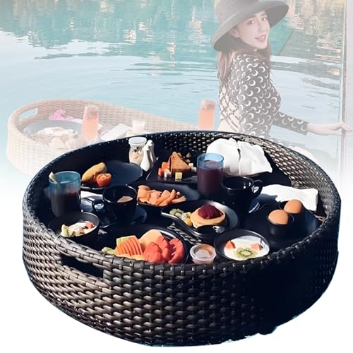 Ofyphth Rattan Floating Tray Table, Deluxe Floating Tray for Pool, Hotel Water Rattan Basket, Water-Resistant, for Pool Beach Party or Hot Tub Float Loung. 80cm-B/Black
