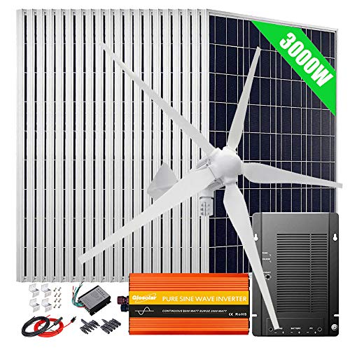 3000W Wind Turbine Generator Solar Panel System with 3000W Power Inverter: 20pcs 100W Poly Solar Panel + 1000W 48V Windmill + 40A MPPT Charge Controller + Cables + Z Mount Brackets