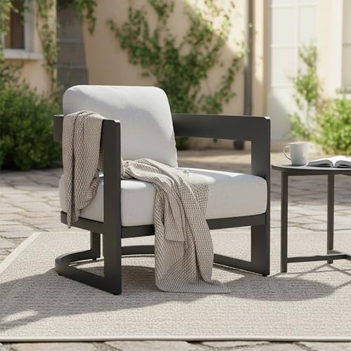 Christopher Knight Home Elvis Outdoor Club Chair with Cushions, Aluminium Lounge Chair with Ergonomic Back and Plush Seat, Side Chair for Garden, Balcony, or Poolside, Dark Grey + Light Grey