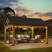 Sunjoy 13x15 ft Wood Gazebo with Black Steel Hardtop Roof and Natural Cedar Frame