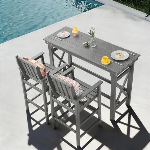 3 Pieces HDPE Outdoor Patio Bar Set, Rectangular Bar Height Table and Chairs Set, Patio Bar Stools Set, HDPE Outdoor Bar Table and Chairs Set for Balcony, Poolside, Porch (Grey, 2 Chairs + 1 Table)