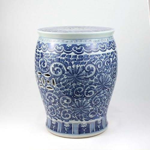Ceramic Garden Stool Decorative Garden Stools Ceramic Blue And White Hand-painted Tangled Lotus Ceramic Porcelain Stool Bar Stool Drum Stool Embroidery Stool Ornaments Garden Stool Ceramic(RZMV02)