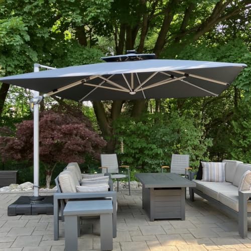 12FT Double Top Square Deluxe Lighted Cantilever Umbrella With Base,Gray