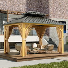 Agrestem 10X12FT Outdoor Galvanised Steel Hardtop Gazebo with Netting and Sunshade Curtains Wood Grain
