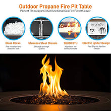 Outdoor Propane Fire Pit Table - CSA Approved Safe 50,000BTU Auto-Ignition Propane Gas Fire Table - Rattan Panel, Glass Wind Guard, Black Tempered Glass Tabletop, Clear Glass Rock - SereneLife SLFPTL