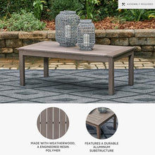 Signature Design by Ashley Hillside Barn Outdoor Coffee Table, Weather Resistant Engineered Resin Polymer Wood-Look Patio Cocktail Table with Aluminum Substructure, Light Brown, Quick Assembly