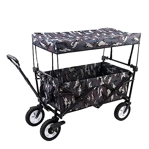 Handcart, Collapsible Folding Wagon Cart with Sun/Rain Shade, Adjustable Extendable Push & Pull Handle, Removable Canvas & Canopy, Large Capacity Trolley for Shopping, Beach, Lawn,Sports/D