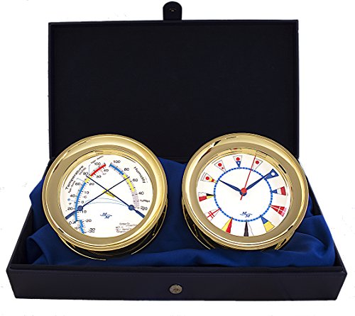 MASTER-MARINER American Voyager Collection, 10 Pack Nautical Windlass Gift Set, 5.85” Diameter Clock and Comfort Meter Instruments, Gold Finish, Ivory Signal Flag dial