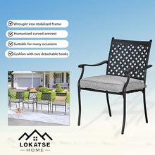 LOKATSE HOME Patio Dining Chairs Set of 4, Stackable Metal Wrought Iron Outdoor Chairs with Armrests & Thick Grey Cushions, All-Weather Heavy Duty Furniture for Garden, Backyard, Deck & Balcony