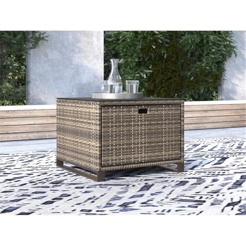 Afuera Living Modern Outdoor Side Table with Storage, Brown Frame, Handwoven All-Weather Resin Wicker, Roomy Drawer, Low Profile Wide Tabletop, Midcentury Design, Ideal for Patio or Outdoor Spaces