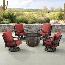 Oakland Living Black Aluminum Patio Fire Table Set with Four Club Chairs and Red Cushions