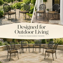 OROTLECT Set of 6 Cast Aluminum Patio Dining Chairs, Outdoor Arm Chairs with Removable Brown Cushion, Classic Scroll Hollow Back Metal Chairs for Garden Backyard Deck Porch Bistro