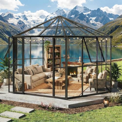 12x10x8 FT Polycarbonate Greenhouse for Outdoors, Hexagon Heavy Duty Walk-in Greenhouse with Aluminum Frame, Lockable Door & Adjustable Vent, for Backyard Garden, Outside Garden Backyard, Patio