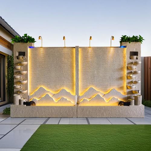 CHYIFSHIY 6.89ft Tall Concret Wall Fountain with LED Lights and Waterwheel – 12.34ft Wide Landscape Outdoor Decor for Garden or Entryway,Housewarming Gift, Two Pieces Per Set
