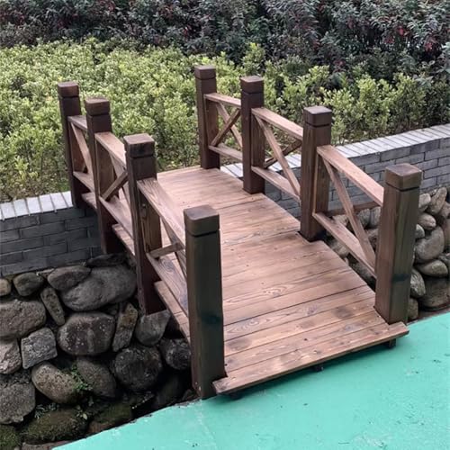 TT-YEL Japanese Style Curved Wooden Pond Bridge, Outdoor Lawn Pond Bridge Walkway, Classic Wooden Arch with Safety Railing, Brown Footbridge, Carbonized Craft,Total Length 200cm