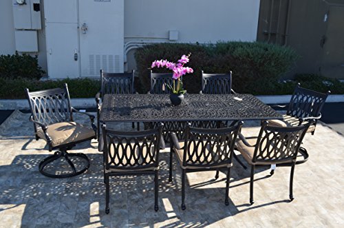 Patio Land Grand Tuscany 9-Pc Outdoor Dining Set Rectangular Table with 8 Chairs Sesame