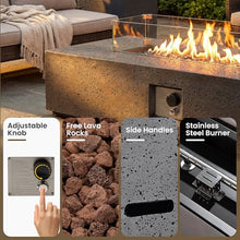 COSIEST 56 x 28 inch Outdoor Propane Fire Pit Coffee Table w Concrete Rectangle Base, Certified, 50,000 BTU, Free Lava Rocks and RainCover, Fits 20lb Tank Outside, Wind Guard, Tank Cover, Gray