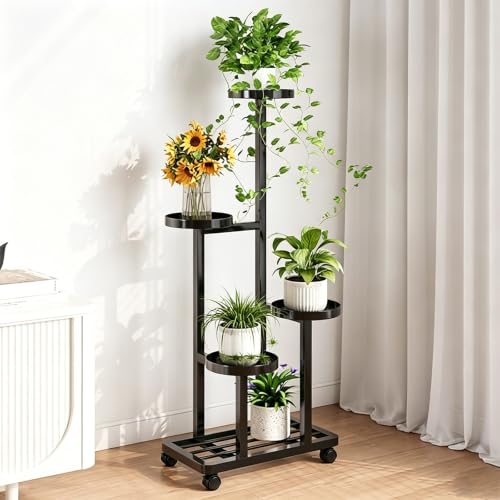 ARTUNV Mobile 5 Tier Plant Stand With Wheels, Tall Metal Flower Display Rack For Multiple Plants, Corner Shelving Unit For Indoor Balcony & Patio Decoration(Color:Black)