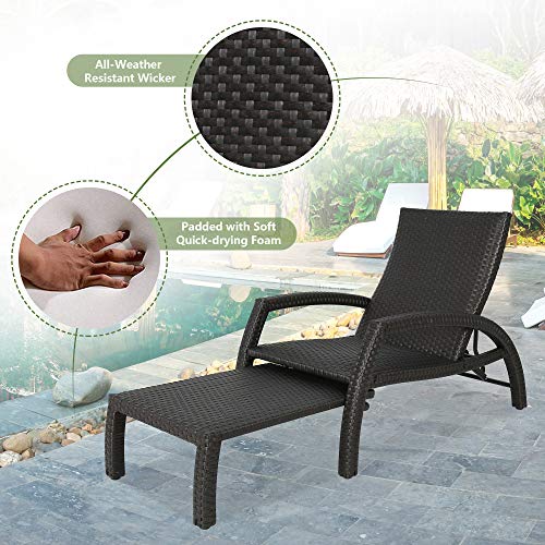 Iwicker Handwoven Rattan Chaise Lounge Chairs Set of 2 Black