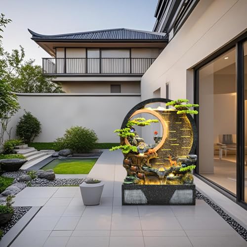 Indoor Outdoor Resin Fountain with LED Light Ring – Round Landscape Waterfall Feature with Pump, Bonsai & Gourd Decor – 6.07ft Tall Large Decorative Water Sculpture(A Large)(B Large)
