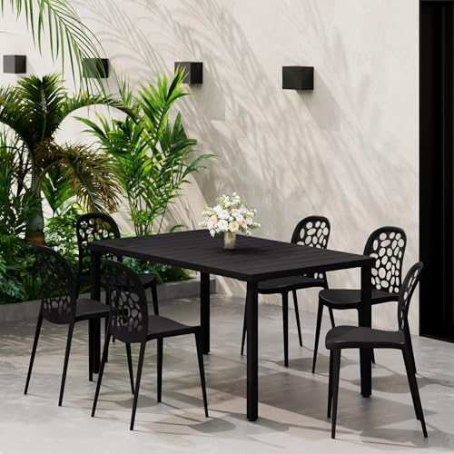 Costaelm 7 piece Outdoor Patio Furniture Sets, Patio Table and Chairs Set, Coffee Table with Stackable Side Chairs Modern Backyard Deck Furniture for Restaurant, Black