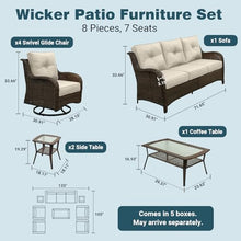 SAILARY Patio Furniture Set, 8PCS Outdoor Wicker Conversation Set with 6" Thick Cushions, High Back Rattan Sofa & Swivel Rocker Chairs, Weather Resistant Olefin Fabric for Garden, Poolside, Beige