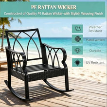 Hassyee Stylish Patio Rocking Chair w/Back & Seat Cushions for Garden, Modern Porch Rocker w/Black Aluminum Frame & PE Rattan Accents for Backyard, Outdoor Rocking Armchair w/High Back for Deck