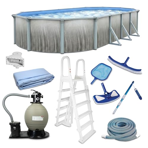 Blue Wave Martinique 12x24-ft Oval 52-in Deep Hard Sided Above Ground Pool Kit with 7-in Steel Top Rails, Dual-Speed Sand Filter System, Ladder, Liner, Skimmer & Maintenance Kit – 6,300 Gallon Cap