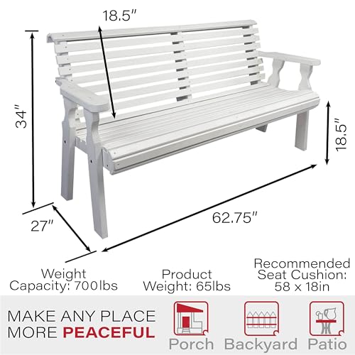 Amish Casual Heavy Duty 5 Foot Roll Back Outdoor Bench in White Stain - Amish Made in The USA from Treated Pine for Outdoor Durability, 700 Lb Weight Capacity