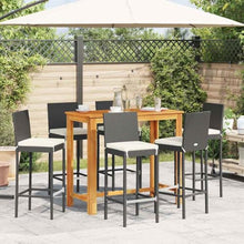 KUPTYERFG 7-Piece Outdoor Garden Bar Set, Black PE Rattan and Solid Acacia Wood Bar Table with 6 Cushioned Stools, Rectangular Patio Furniture for Backyard, Deck and Terrace
