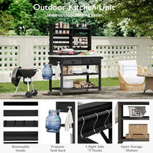Outdoor Potting Bench with Lockable Wheels & Upper Hutch - Solid Wood Kitchen Island with Stainless Steel Top, Towel Rack & Storage Cabinet for Grilling, Gardening, Lawn (Black)