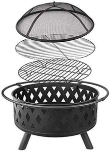Garden Fire Pit Portable Grill Barbecue Rack Outdoor Fire Pits Bonfire Wood Burning Patio & Backyard Firepit for with Spark Screen, Fireplace Poker with Cover BBQ Cooking for Camping Backyard