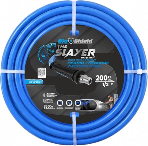 The Slayer Hybrid Pressure Washer Hose 1/2" | 3500 PSI, Kink Resistant, Non-Marking, Lightweight, 1/2" Male NPT, Blue Replacement for Hydrotek, Hotsy, Landa, Mi-T-M (200 Ft)