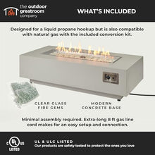 Outdoor GreatRoom Co. Harbor View Gas Fire Pit Table Rectangular Concrete Fire Pits for Outside Patio - 65,000 BTU Propane Fireplace Heater, Glass Coffee Table Cover, Clear Fire Rocks