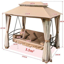 vhdurike Outdoor Gazebo Swing, Deluxe Patio Porch Swing, 3-Seat Patio Swing Chair, Outdoor Swing Bed with Curtains, Canopy Swing for Garden, Poolside Backyard