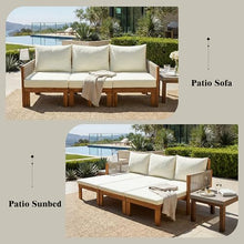 Merax Outdoor Daybed, Acacia Wood 3-Seat Patio Sofa Bed with Waterproof Cushions and Rope Woven Arms, Convertible Sleeper Couch with Pull-Out Function for Poolside, Backyard, Garden