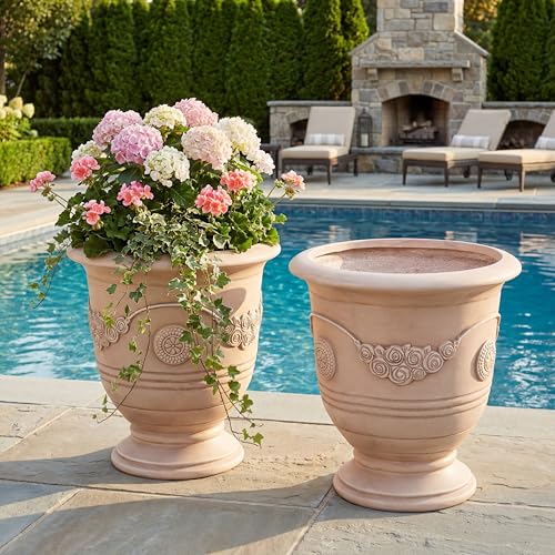 Christopher Knight Home Rewol Round Concrete Planter Set of 2, 2 Pack Garden Flower Pot with Drainage Hole, Floral Relif Patio Urn Planter for Outdoor Plants, Outdoor Planter Box, No Assembly, Beige