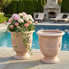 Christopher Knight Home Rewol Round Concrete Planter Set of 2, 2 Pack Garden Flower Pot with Drainage Hole, Floral Relif Patio Urn Planter for Outdoor Plants, Outdoor Planter Box, No Assembly, Beige