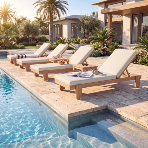 Merax 4-Piece Outdoor Acacia Wood Chaise Lounge,Teak Frame&Beige Cushion